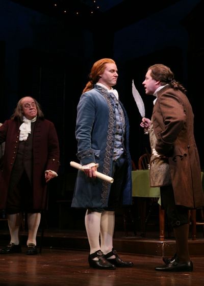 Conrad John Schuck (Benjamin Franklin), Kevin Earley (Thomas Jefferson), and Don Step Photo